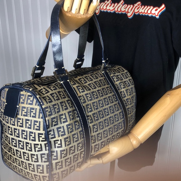 FENDI Zucca Navy Blue Leather Canvas Boston Duffle Travel Bag Speedy 30 EUC - Picture 12 of 17